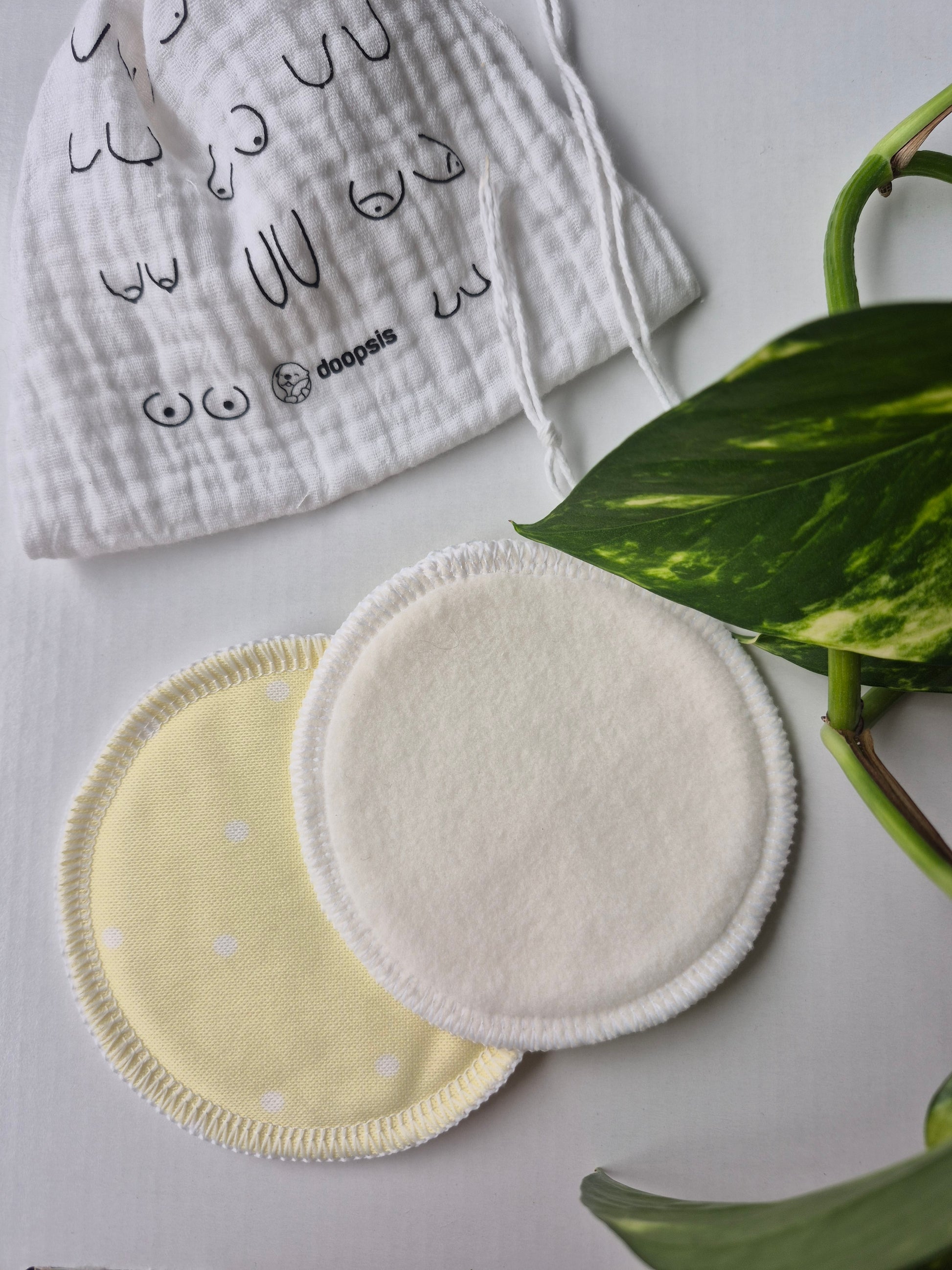 Two reusable breast pads on a white surface with a plant in the background